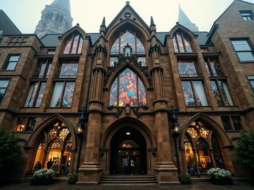 Ornate Gothic facade, ribbed vaulted arches, pointed window frames, flying buttresses, grand stone entrance, intricate carvings, ornamental gargoyles, steeply pitched roof, dramatic verticality, majes