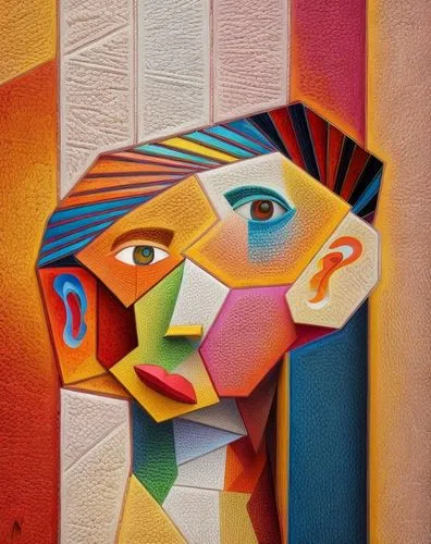 an abstract model of a women with vibrant and abstract colours in cubism style,cubism,picasso,multicolor faces,decorative figure,woman's face,woman thinking,oil painting on canvas,geometrical animal,p