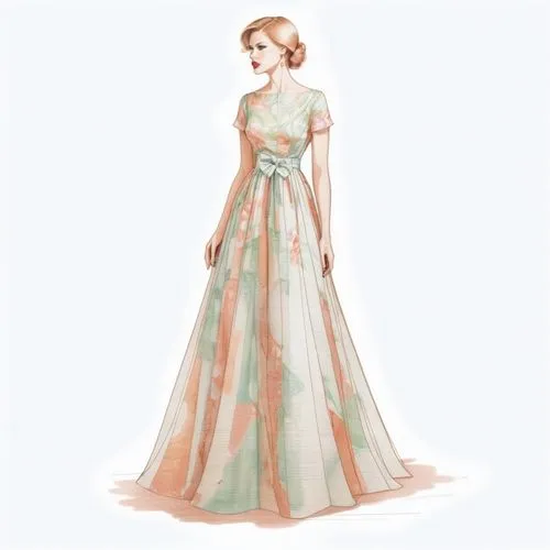 illustration sketch of dress sewing pattern,woman in dress in watercolor - inspired picture on white paper,a floor-length dress,evening dress,ballgown,frigga,margaery,ball gown