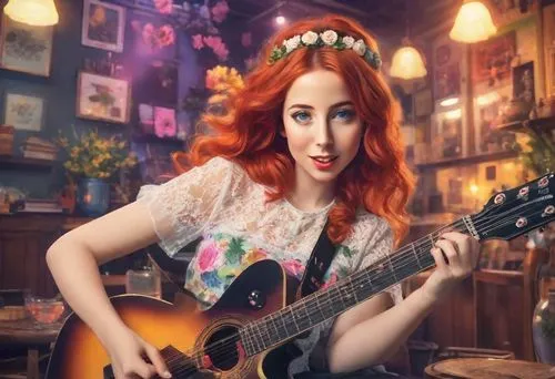 Love, young teenager, combination of young teenage Ariel Winter christina hendricks face, tinted glasses, flower headband in hair, tye-dye shirt, redhead, half body view, smile,  Playing guitar, flore