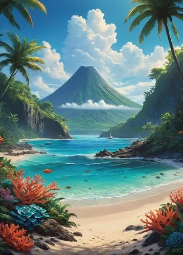 tropical beach,tropical sea,beach landscape,tropical island,mountain beach,an island far away landscape,lanikai,beach scenery,ocean paradise,luau,tahiti,hawai,tropics,ocean background,fiji,tropical floral background,landscape background,coastal landscape,molokai,kanaloa,Conceptual Art,Fantasy,Fantasy 32