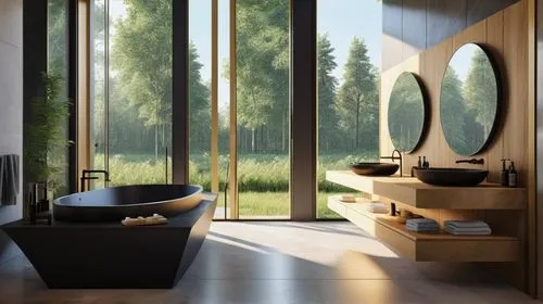 BLACK THEME ,HIGHLY LUXURIOUS BLACK WITH SOME GOLD INTERIOR , WITH COUNTRY NATURE IN THE BACKGROUND THROUGH THE WINDOWS ULTRA 32K REALISTIC,modern minimalist bathroom,luxury bathroom,interior modern d