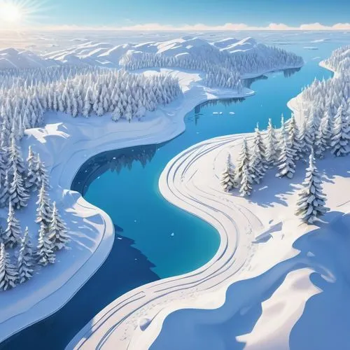 ((best quality)), ((masterpiece)), (detailed), (realistic), snow-covered landscape, soft sunlight, gentle snowdrifts, clear blue sky, serene and peaceful atmosphere, (high-resolution:1.2)

,snow lands