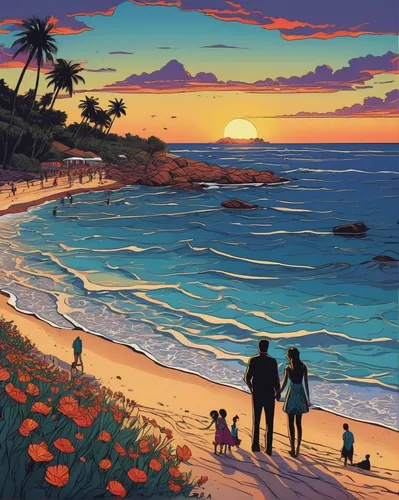 Imagine a romantic carusi competition on a picturesque beach at sunset.,sunset beach,beach landscape,laguna beach,sunrise beach,hawaii,coast sunset,beach scenery,dream beach,honolulu,coastal landscape