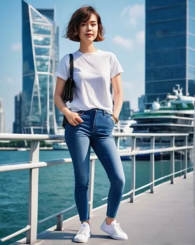 Female, 25-30yo, short hair, minimal makeup, casual wear, jeans, white sneakers, holding a sketchbook, standing, urban background, cityscape, modern skyscrapers, sunny day, warm light, shallow depth o