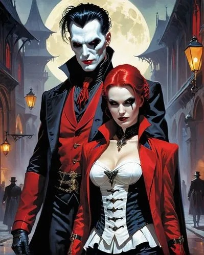 a man and a woman dressed in gothic costumes, cyberpunk art,inspired in Vampire the Mask, gothic art, red tailcoat, pino daeni and dan mumford, legend of the cryptids, magali villeneuve and monet,vamp