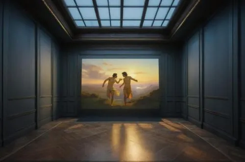 a room with large windows and a painting on the wall,magritte,room door,armoire,romantic scene,open door,the threshold of the house