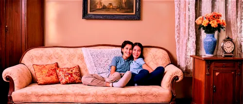 Vintage old home, nostalgic atmosphere, warm lighting, wooden frame, faded color tone, creased edges, worn-out corners, family gathering, smiling faces, floral patterned couch, lace curtains, antique 