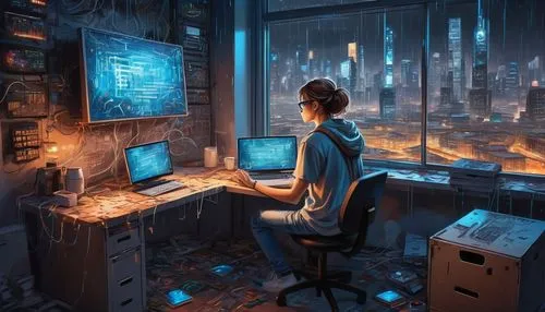 man with a computer,cyberpunk,computer room,computer addiction,computer,sci fiction illustration,computer workstation,world digital painting,cyberspace,girl at the computer,computer game,night administrator,computer freak,virtual world,cyber,computer art,coder,the server room,internet addiction,programmer,Conceptual Art,Graffiti Art,Graffiti Art 09