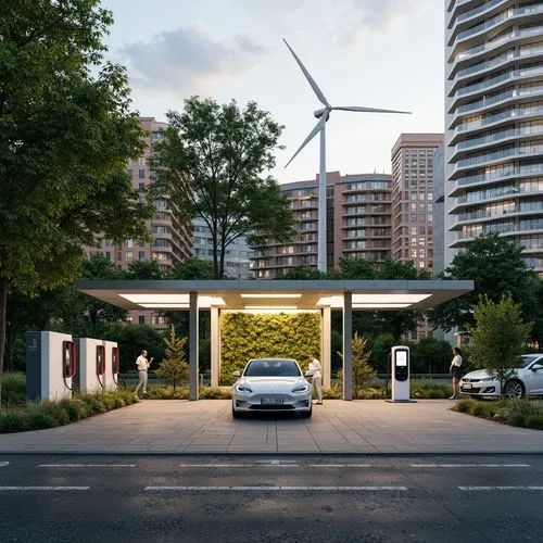 Eco-friendly charging station, modern academic architecture, green roofs, solar panels, wind turbines, recycling facilities, electric vehicle displays, futuristic LED lighting, minimalist design, natu