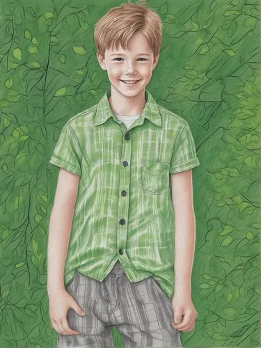 A young boy with short, light brown hair and a cheerful smile stands in front of a lush green hedge. He wears a casual outfit consisting of a patterned gray button-down shirt with short sleeves and gr