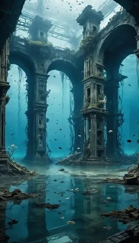 sunken church,underwater playground,atlantis,underwater landscape,undersea,ocean underwater,underwater oasis,submerged,underwater background,sunken ship,underwater world,atlantik,aquarium,atlantica,ocean floor,waterworld,house of the sea,under the water,underwater,abandoned place,Conceptual Art,Fantasy,Fantasy 33