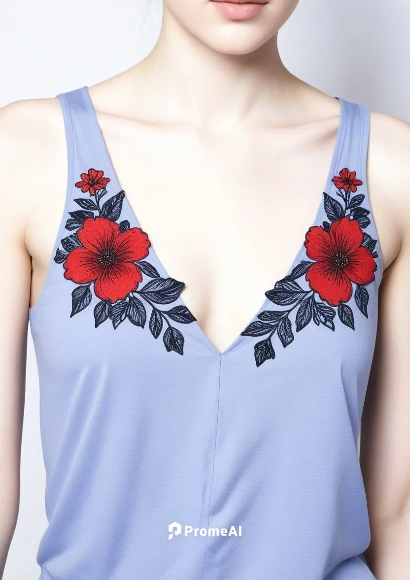 a woman with dark hair in a blue dress with flowers,floral poppy,camisole,cheongsam,necklines,anemone coronaria,floral mockup