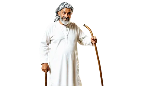 Old man, Palestine traditional clothing, white thobe, embroidered headscarf, thick beard, wrinkled face, gentle smile, holding a cane, standing, nostalgic expression, warm lighting, shallow depth of f