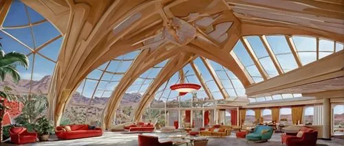 many glacier hotel,earthship,breakfast room,riviera,jetsons,arcosanti,bonestell,sunroom,vaulted ceiling,conservatory,roof domes,futuristic landscape,spaceship interior,futuristic architecture,lachapelle,superadobe,the ceiling,intercontinental,ufo interior,fantasyland,Illustration,Retro,Retro 12