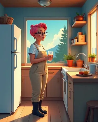 girl in the kitchen,jenji,star kitchen,maeve,the kitchen,woman drinking coffee,Illustration,Children,Children 01