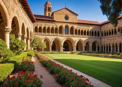 Stanford University, California, USA, beautiful campus architecture, historic sandstone buildings, Romanesque Revival style, intricate stone carvings, ornate facades, tall archways, red-tiled roofs, l