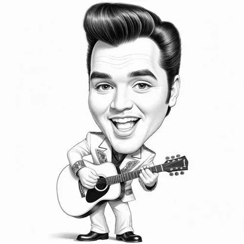 pencil drawing style  Julius Leblanc Stewart Caricature style drawing of a celebrity, big head, small body, exaggerated facial expressions. A 3D animated character resembling Elvis Presley, wearing a 