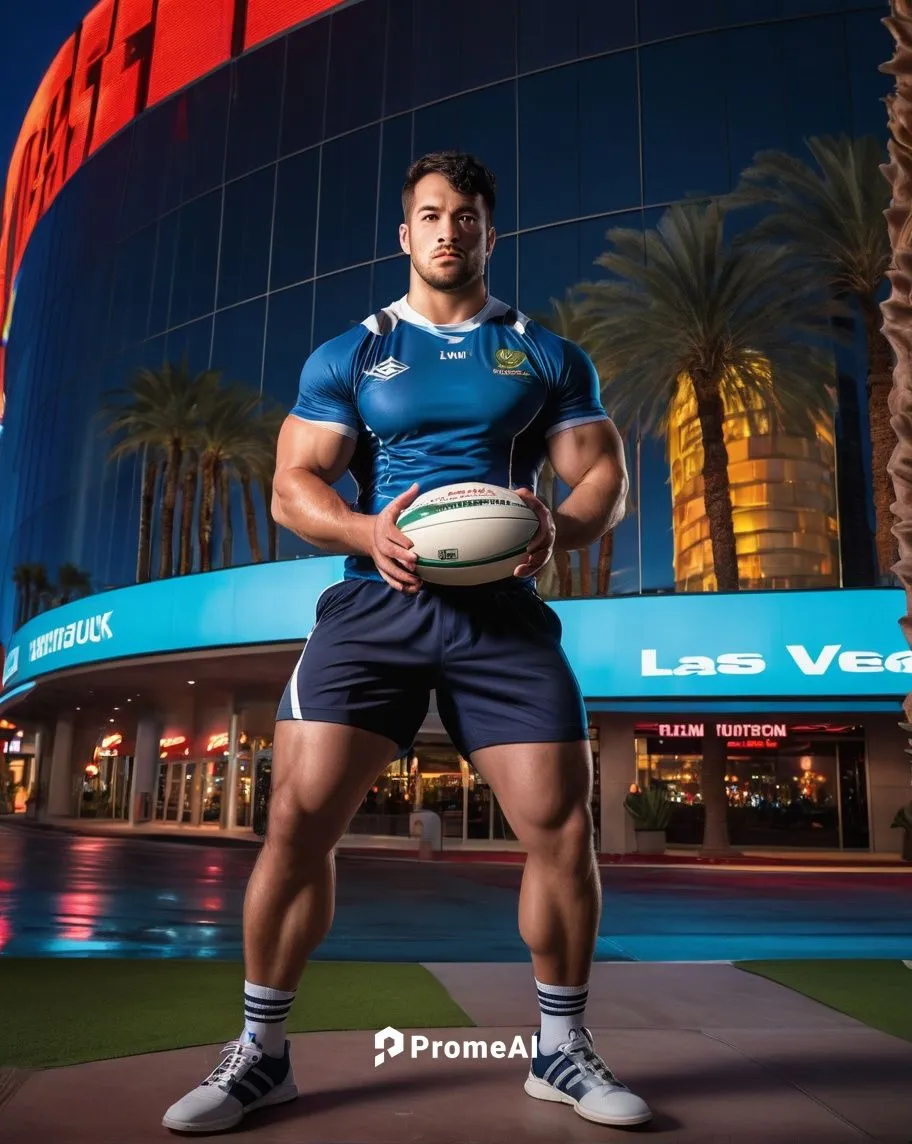 Muscular man, rugby player, athletic build, messy short hair, strong facial features, intense gaze, sports jersey, shorts, sneakers, holding rugby ball, standing in front of modern architectural build