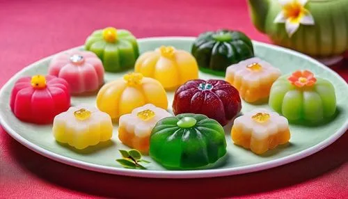 Wagashi is a traditional Japanese confection that is often served with green tea, especially the type made of mochi, azuki bean paste, and fruit with Japanse background with Japanse presentation, show