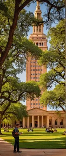 University of Texas at Austin, Beaux-Arts architecture, grand entrance, iconic UT Tower, red brick walls, white limestone accents, intricate stone carvings, sprawling green lawn, walking paths, mature