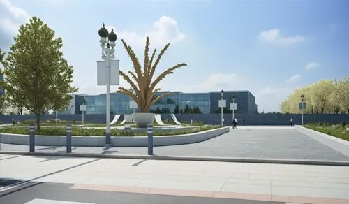 An Architectural rendering of A street with sculptural park to the right,the outside courtyard of a building with large bushes and trees,technopark,saclay,baitul,biotechnology research institute,k13 s