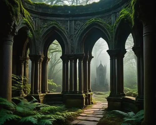 Ancient dogma temple, intricate stone carvings, ornate details, Gothic arches, stained glass windows, grand entrance, majestic pillars, mysterious atmosphere, foggy morning, misty environment, overgro