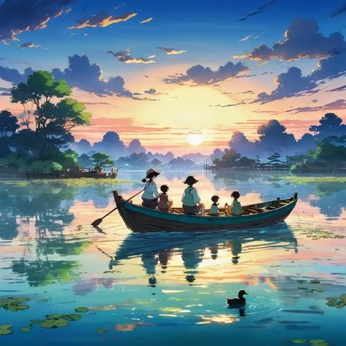 boat landscape,dragon boat,canoeing,landscape background,row boat,romantic scene,ghibli,canoes,rowboats,dragonboat,paper boat,sampan,fishermen,rowboat,canoed,studio ghibli,boatmen,youliang,pedalo,row boats,Illustration,Japanese style,Japanese Style 03