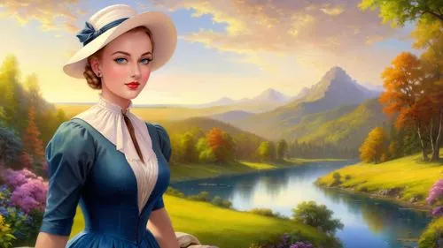 Romantic masterpiece oil painting, beautiful curvy busty woman standing portrait, silk gown dress, nostalgic 1950's style kitsch, breathtaking beautiful epic vast landscape, majestic vibrant lush wild