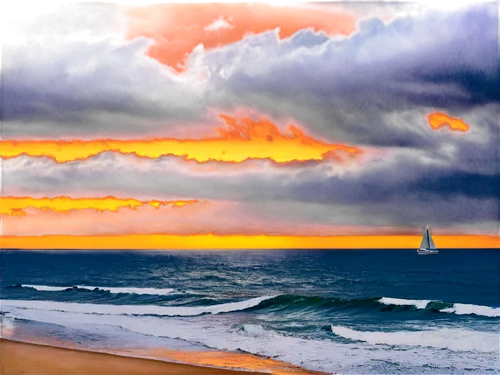 sunset, ocean view, vast sea, waves gently rolling, sailboat in distance, seagulls flying overhead, warm golden light, soft focus, panoramic composition, vibrant color palette, dramatic clouds, rocky 