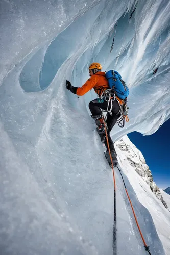 Perilous: This image shows Swiss mountaineer Ueli Steck ice-climbing near Pontresina, Switzerland,ice climbing,ski mountaineering,alpine climbing,crevasse,crampons,climbing slippery pole,mountaineerin