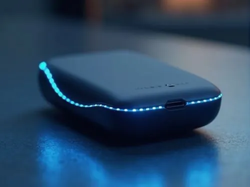 Modern, minimalist, ergonomic, futuristic, high-tech, metallic, sleek, curved lines, glowing blue LED lights, matte black body, subtle texture, compact size, wireless charging, touch screen interface,