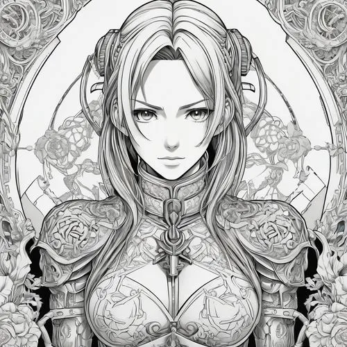 noblewoman,mono-line line art,mono line art,lineart,seigen,claymore,Illustration,Black and White,Black and White 03