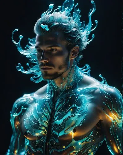 a man bioluminescent,aquaman,poseidon,neon body painting,bioluminescence,merman,electro,poseidon god face,sea god,god of the sea,aquarius,sea man,iceman,ilightmarine,merfolk,triton,immersed,the man in