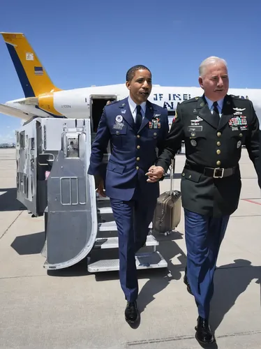 During the trip, Harris (pictured with Lt. Col Richard Hulun boarding plane) will tour a Customs and Border Patrol processing center and hold a conversation with immigrant-rights advocates,airman,airm