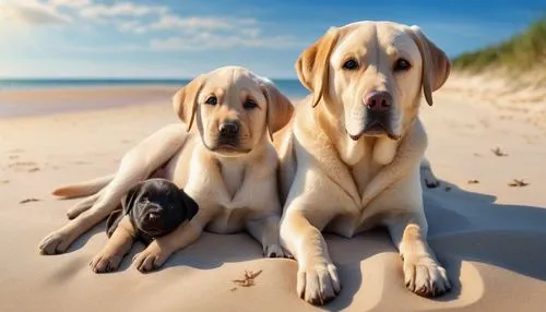 a labrador and her puppy lying on the sea sand, beautiful blue sky.,pet vitamins & supplements,labrador retriever,three dogs,weimaraner,dog pure-breed,service dogs,dog photography,dog breed,fila brasi