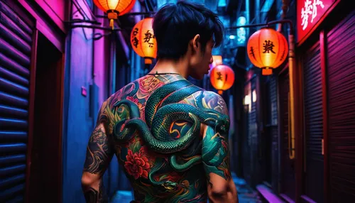 neon body painting,taipei,mulan,oriental,china town,chinatown,cyberpunk,geisha,bodypaint,kowloon,asia,mukimono,kyoto,japanese patterns,floral japanese,asian vision,lotus tattoo,xi'an,shanghai,red lantern,Illustration,Retro,Retro 11