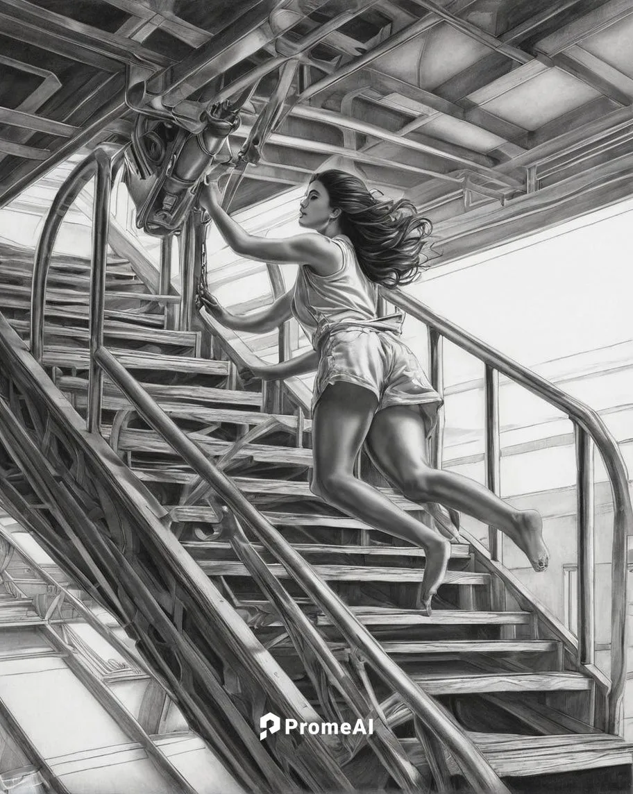 Pencil sketch of an Extremely beautiful female mechanic fixing the stairship in zero gravity enviroment
perfect face, perfect eyes, perfect hair,girl on the stairs,fire escape,stairway,stairways,stair