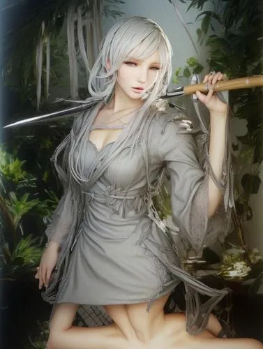 swordswoman,archer,piko,a200,parasol,sword lily,archery,longbow,lady justice,water-the sword lily,rusalka,katana,erhu,silver,silver rain,quarterstaff,artemis,silver arrow,bow and arrows,fuki