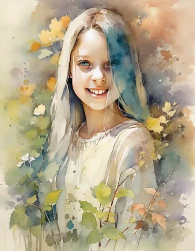 masha e o urso,girl in flowers,beautiful girl with flowers,watercolor painting,child portrait,watercolor paint,girl picking flowers,photo painting,flower painting,little girl in wind,watercolor backgr