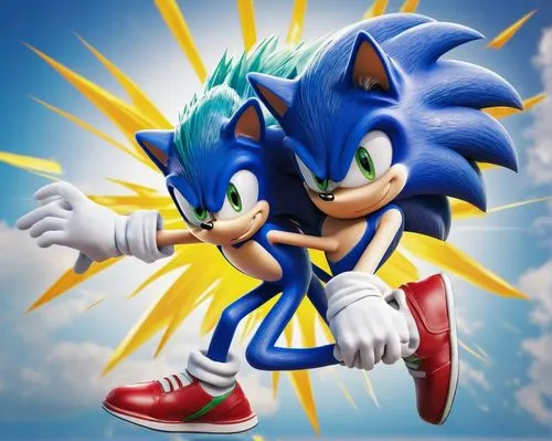 Sonic the Hedgehog, standing pose, blue spikes, green eyes, white gloves, red shoes, blue jeans, energetic expression, dynamic movement, running action, loop-the-loop background, bright sunny day, war