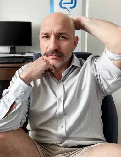 Bald man, 48 years old, with Italian mustache, slanted blue eyes, dressed in an elegant beige suit and white shirt. He is sitting on a cube with the WhatsApp logo. Style: cinematic, realistic, cyberpu