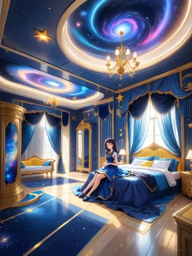 a painting of a girl sitting on top of a bed,blue room,sleeping room,ornate room,bedchamber,the little girl's room,belldandy,Anime,Anime,General