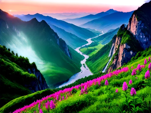 the valley of flowers,mountain landscape,mountainous landscape,landscape background,beautiful landscape,landscape mountains alps,purple landscape,mountain scene,background view nature,mountain slope,mountain valleys,nature landscape,changbai mountain,japanese alps,mountain meadow,mountain pasture,landscape nature,the landscape of the mountains,japanese mountains,landscapes beautiful,Illustration,Realistic Fantasy,Realistic Fantasy 18