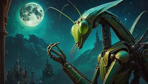 A mixed media Side profile painting of giant mech praying mantis, pop surrealism by Peter Blume, mixed media, dribbling paint effect background,  pop surrealism, mixed media, moon light, illustrator G