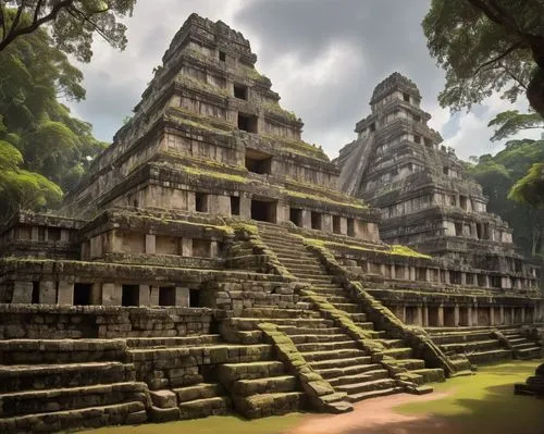 Ancient Mesoamerican ruins, Mayan civilization, stone structures, intricate carvings, stepped pyramids, lush jungle surroundings, vines crawling up walls, moss-covered stones, ceremonial centers, sacr