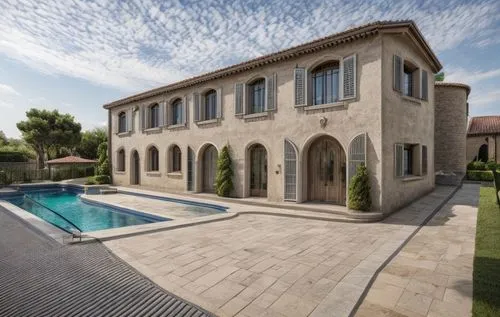 french house with meditteranean tree and swimming pool and grass,luxury property,pool house,bendemeer estates,luxury home,mansion,private house,holiday villa,villa,gold stucco frame,stucco wall,luxury