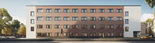 Create a modern boarding house with a brick facade. Outside you can see trees, people walking around, and cars are parked in front of the hotel. ,plattenbau,appartment building,architekten,progestogen