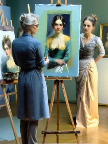 The picture shows Franz Lehnbach from behind in the foreground, painting at an easel. On the easel is a half-finished portrait of Anna Schäffer. In the background, slightly offset to the right, Anna S