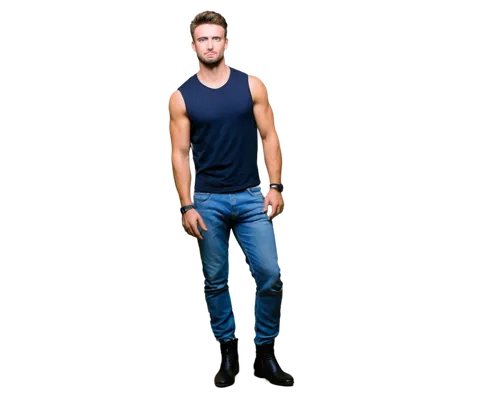 William Russell, muscular man, solo, (30yo), strong facial features, short brown hair, blue eyes, sharp jawline, athletic build, sleeveless shirt, ripped jeans, black boots, confident pose, standing, 